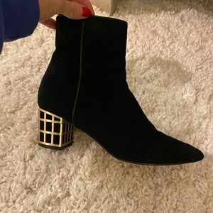 Black suede gold block heel booties